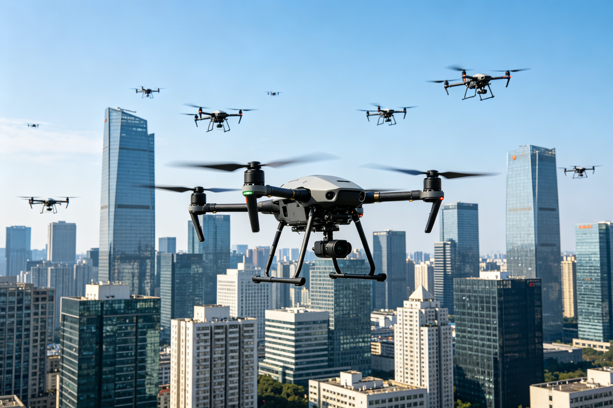城市低空经济应用场景,多架工业级无人机在城市上空执行巡检、物流等作业,展现低空经济规模化应用趋势 城市低空经济应用场景,多架工业级无人机在城市上空执行巡检、物流等作业,展现低空经济规模化应用趋势